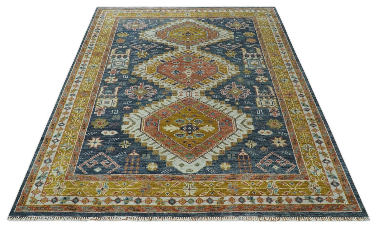 Rust, Gold and Blue Traditional Hand knotted Custom Made wool Area Rug