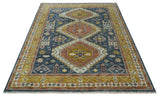 Rust, Gold and Blue Traditional Hand knotted Custom Made wool Area Rug