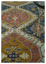 Rust, Gold and Blue Traditional Hand knotted Custom Made wool Area Rug
