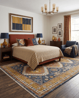 Rust, Gold and Blue Traditional Hand knotted Custom Made wool Area Rug