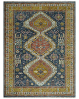 Rust, Gold and Blue Traditional Hand knotted Custom Made wool Area Rug