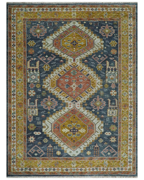 Rust, Gold and Blue Traditional Hand knotted Custom Made wool Area Rug