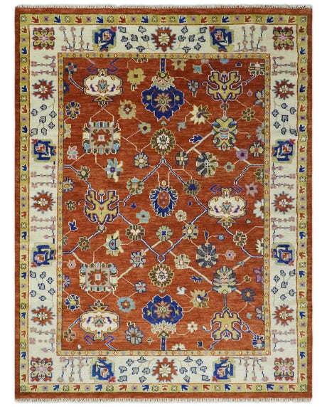 Rust, Ivory and Blue Hand Knotted Oriental Oushak Custom Made wool Area Rug