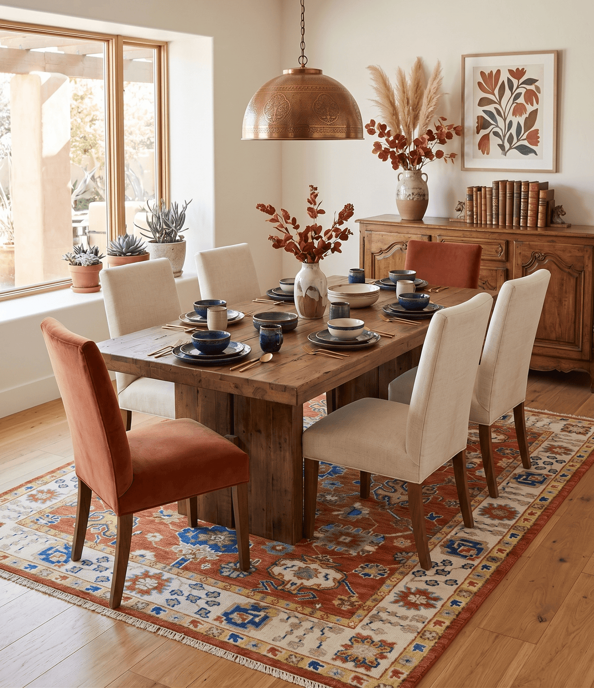 Rust, Ivory and Blue Hand Knotted Oriental Oushak Custom Made wool Area Rug