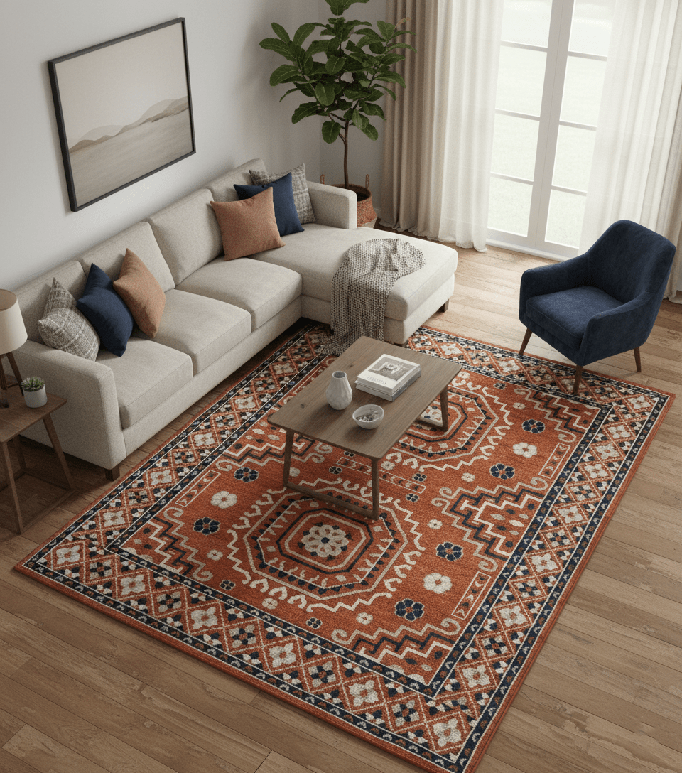 Rust, Ivory and Blue Traditional Mamluk design Hand Knotted Custom Made wool Area Rug