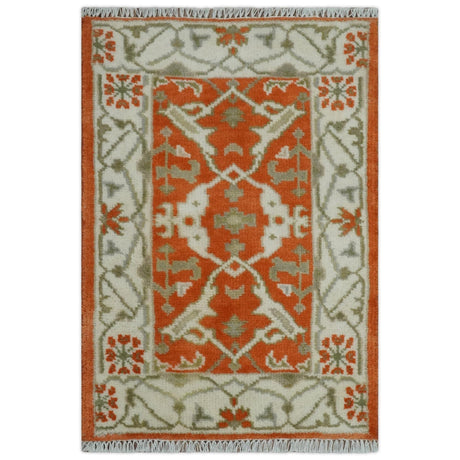 Rust, Ivory and Olive hand knotted 2x3 Oriental Oushak Wool Area Rug-Area Rug-Parc Decor