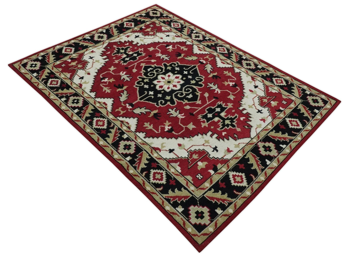 Rust, Ivory, Black and Beige Hand Knotted Traditional Heriz Multi Size wool area Rug
