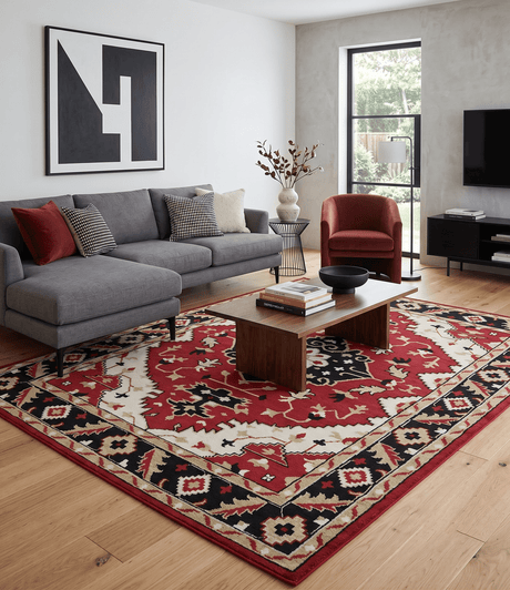 Rust, Ivory, Black and Beige Hand Knotted Traditional Heriz Multi Size wool area Rug