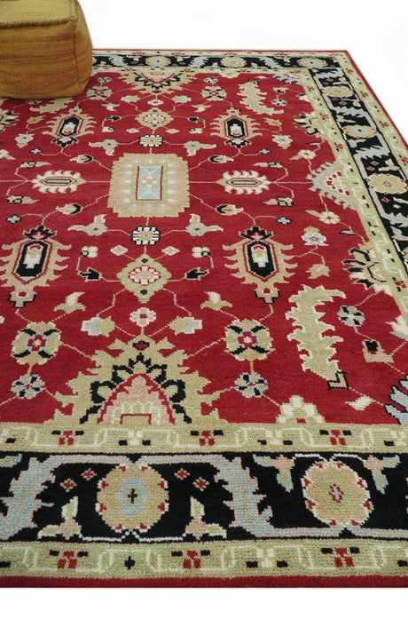 Rust, Olive and Black 8x10 Hand Knotted Traditional Oriental Wool Area Rug