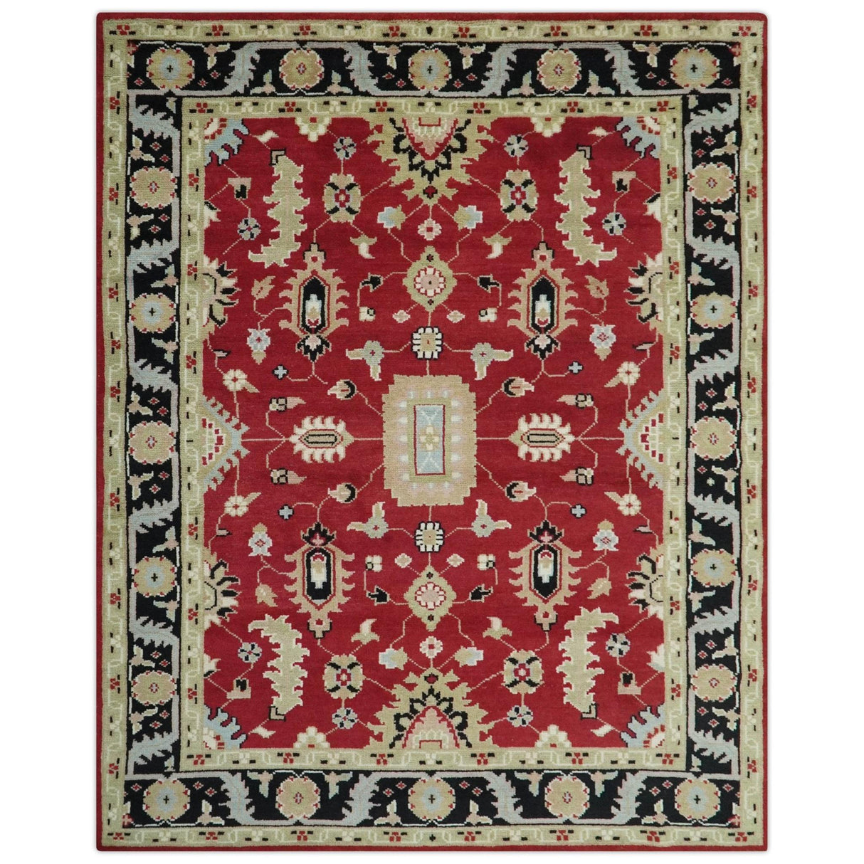 Rust, Olive and Black 8x10 Hand Knotted Traditional Oriental Wool Area Rug