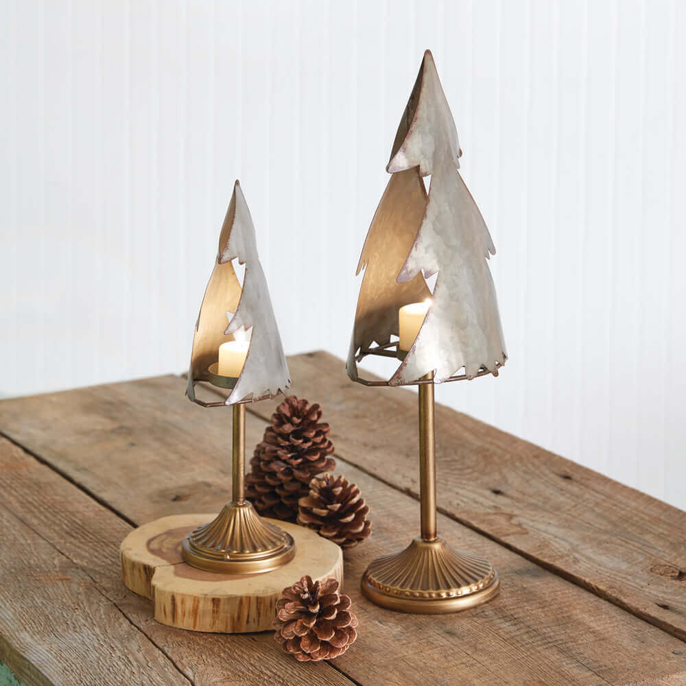 Rustic Christmas Tree Tealight Candle Holders (Set of 2)-Candle Holder-Parc Decor