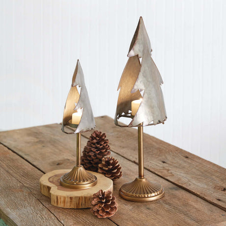 Rustic Christmas Tree Tealight Candle Holders (Set of 2)-Candle Holder-Parc Decor