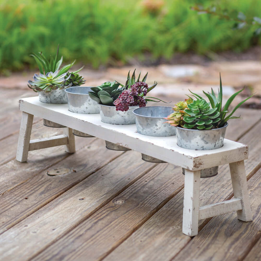 Rustic Farmhouse Bench Planter with Galvanized Pots-Planter-Parc Decor