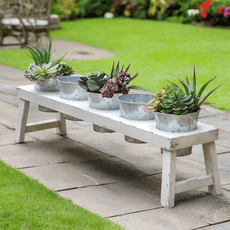 Rustic Farmhouse Bench Planter with Galvanized Pots-Planter-Parc Decor