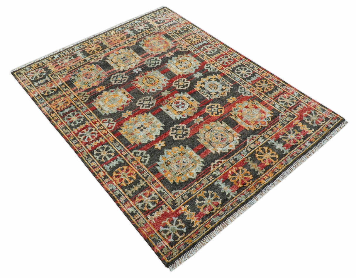 Rustic Hand knotted Traditional 8x10 Charcoal And Red Wool Rug