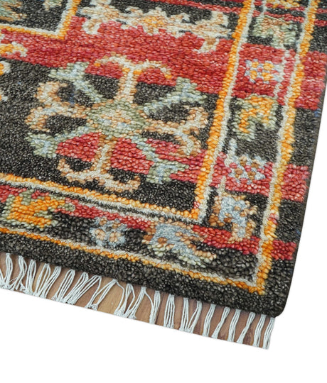 Rustic Hand knotted Traditional 8x10 Charcoal And Red Wool Rug