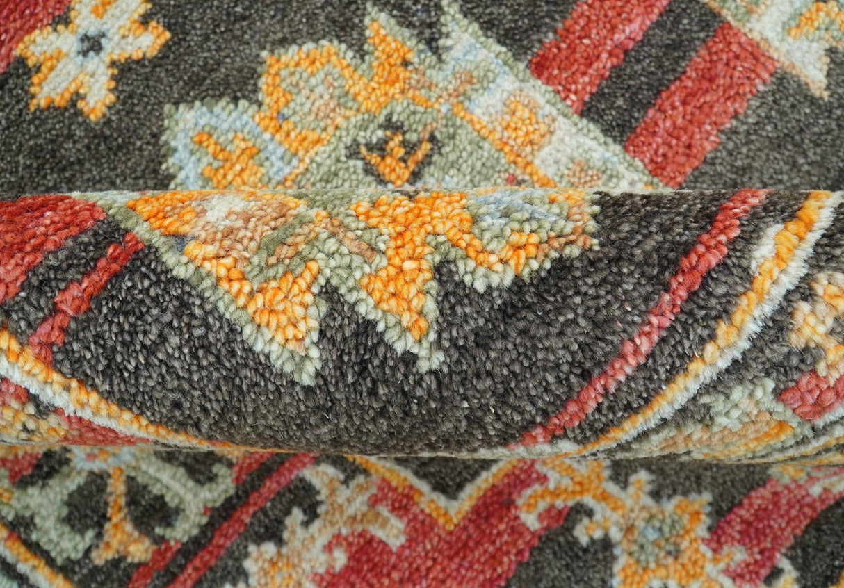 Rustic Hand knotted Traditional 8x10 Charcoal And Red Wool Rug