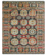 Rustic Hand knotted Traditional 8x10 Charcoal And Red Wool Rug