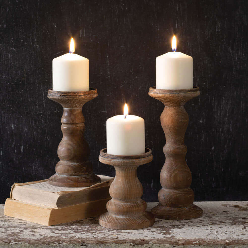Rustic Pillar Candle Holders in Wood (Set of 3)-Candle Holder-Parc Decor