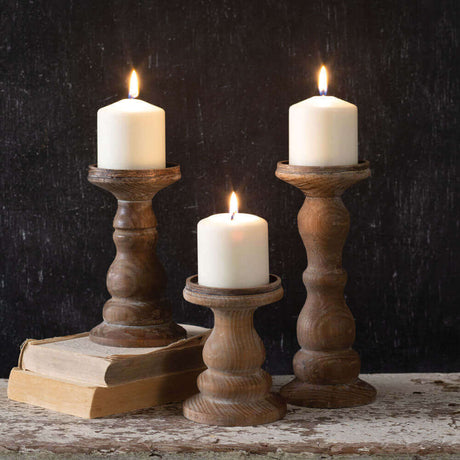 Rustic Pillar Candle Holders in Wood (Set of 3)-Candle Holder-Parc Decor