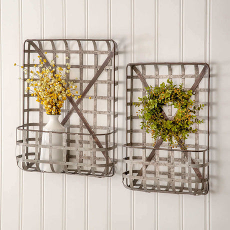 Rustic Tobacco Basket Wall Pockets in Metal (Set of 2)-Wall Shelves & Ledges-Parc Decor