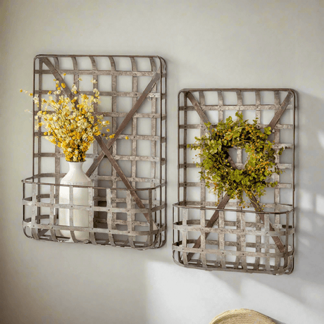 Rustic Tobacco Basket Wall Pockets in Metal (Set of 2)-Wall Shelves & Ledges-Parc Decor