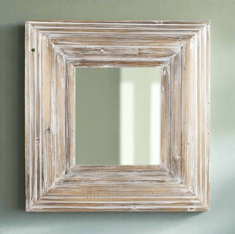 Rustic Whitewashed Square Vintage Wood Wall Mirror-Mirror-Parc Decor