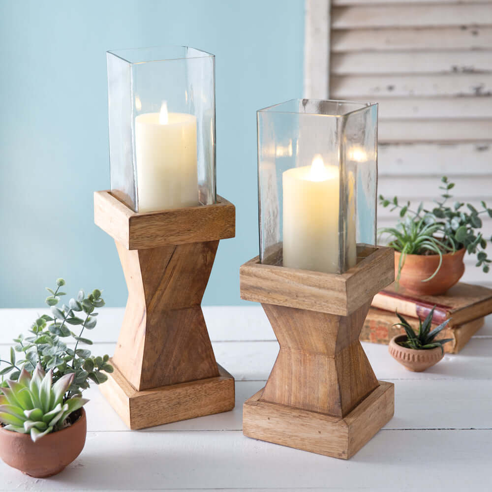 Rustic Wood Candle Holders with Glass Chimney (Set of 2)-Candle holder-Parc Decor