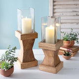 Rustic Wood Candle Holders with Glass Chimney (Set of 2)-Candle holder-Parc Decor