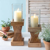 Rustic Wood Candle Holders with Glass Chimney (Set of 2)-Candle holder-Parc Decor