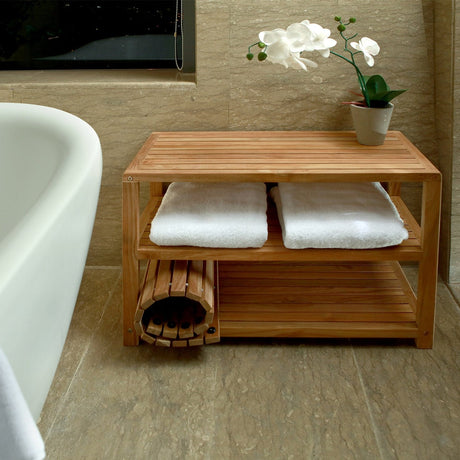 Savannah Natural Teak Shower and Spa – Bathroom – Outdoor Storage Bench with Shelves-Bench-Parc Decor