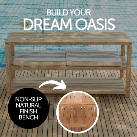 Savannah Natural Teak Shower and Spa – Bathroom – Outdoor Storage Bench with Shelves-Bench-Parc Decor