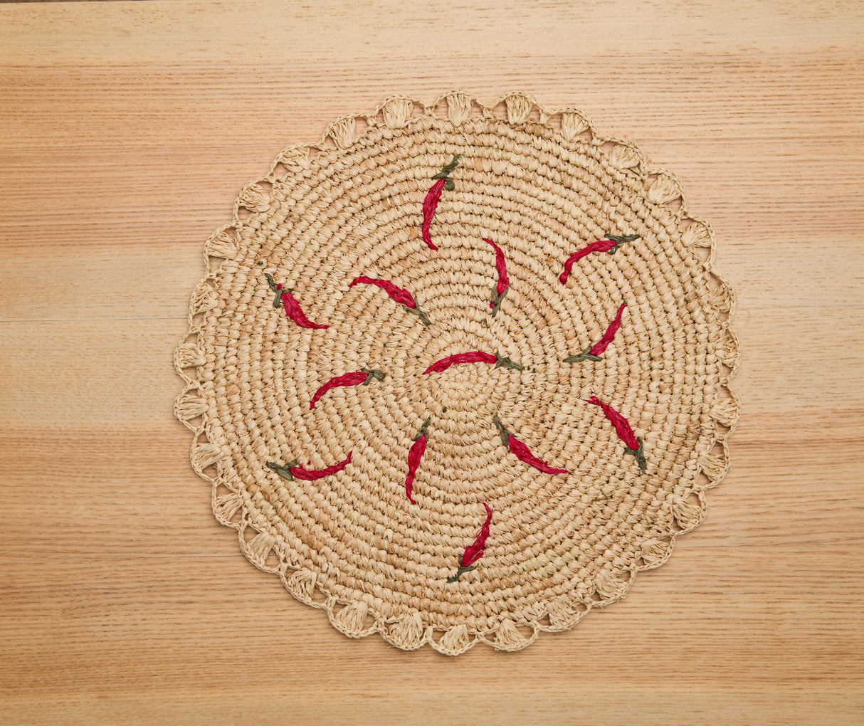 Scattered Chili Handwoven Raffia Round Placemat – Artisan Table Décor-table tops-Parc Decor