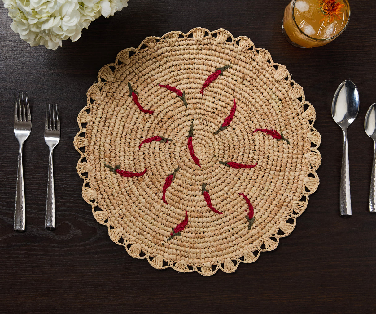 Scattered Chili Handwoven Raffia Round Placemat – Artisan Table Décor-table tops-Parc Decor