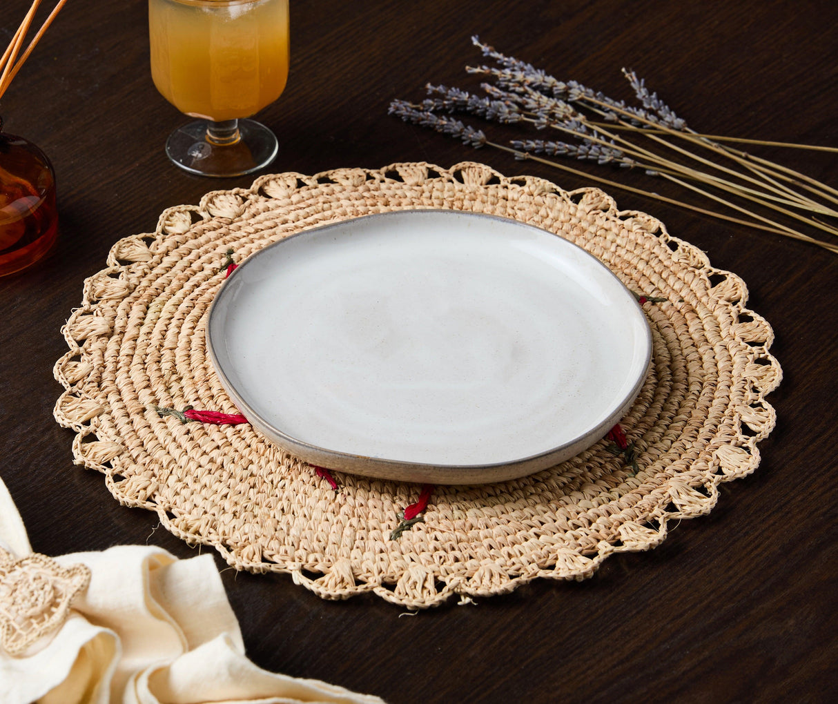 Scattered Chili Handwoven Raffia Round Placemat – Artisan Table Décor-table tops-Parc Decor