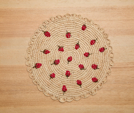 Scattered Strawberry Hand-Crocheted Raffia Palm Round Placemat-table tops-Parc Decor