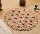 Scattered Strawberry Hand-Crocheted Raffia Palm Round Placemat-table tops-Parc Decor