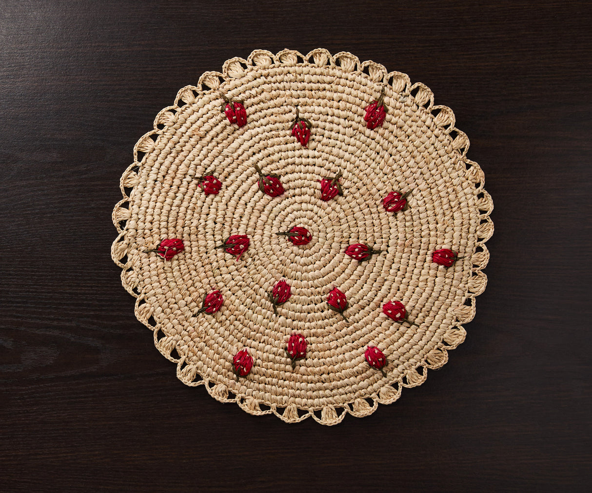 Scattered Strawberry Hand-Crocheted Raffia Palm Round Placemat-table tops-Parc Decor