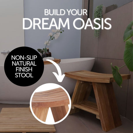 Siena Natural Teak Shower and Bath Stool with Curved Seat and Shelf