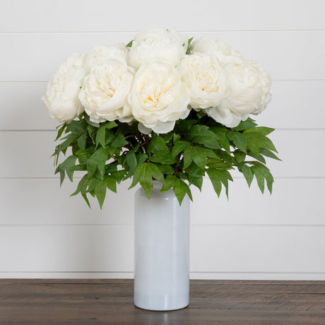 Signature Collection 20” Peony Artificial Arrangement in White Glass Vase-Arrangement-Parc Decor