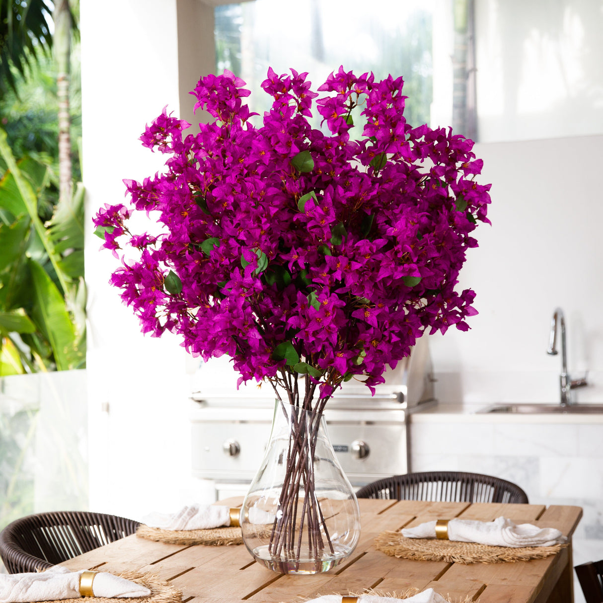 Signature Collection 41” Giant Bougainvillea Artificial Arrangement in Glass Vase-Arrangement-Parc Decor