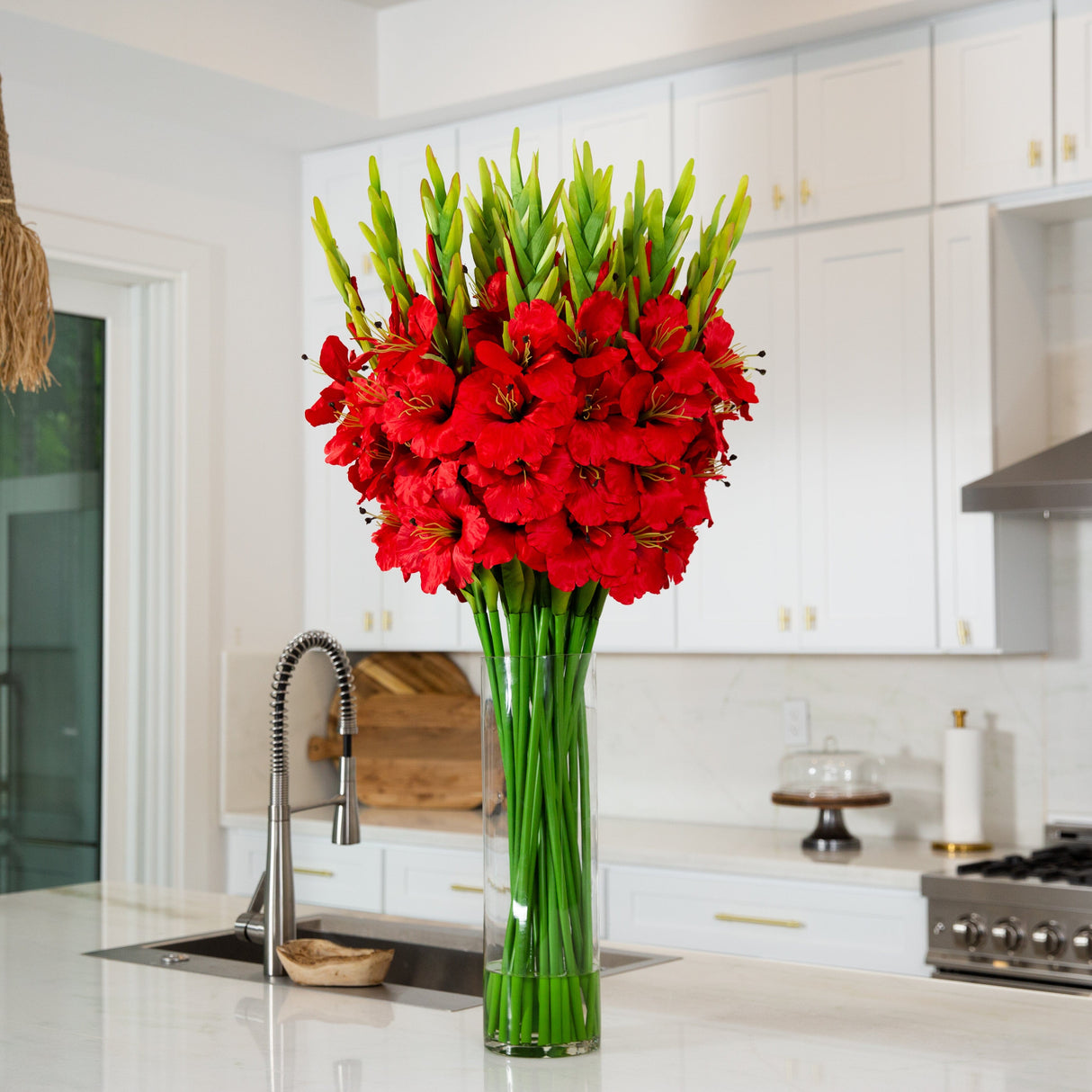 Signature Collection 44” Gladiola Artificial Arrangement in Glass Vase-Arrangement-Parc Decor