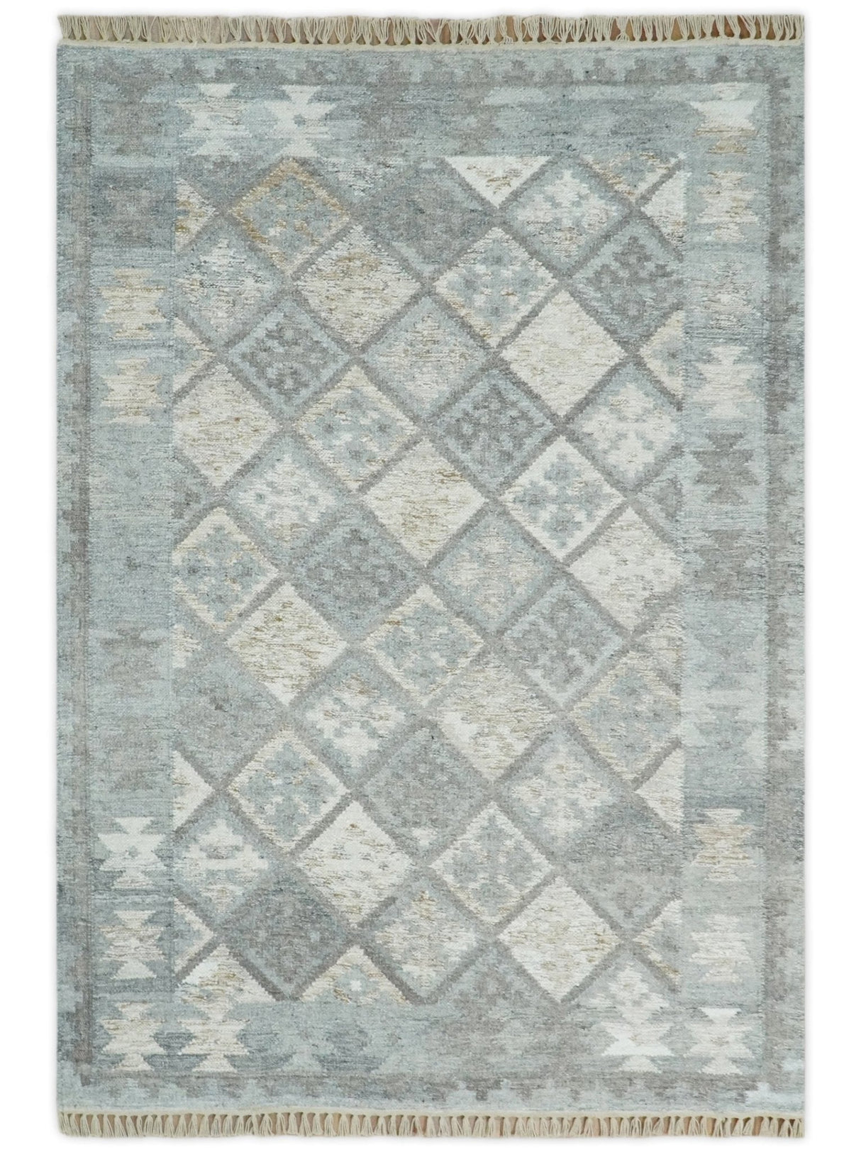 Silver and Beige Modern Geometrical Dhurrie Wool and Viscose Rug