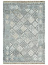 Silver and Beige Modern Geometrical Dhurrie Wool and Viscose Rug