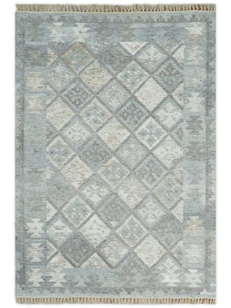 Silver and Beige Modern Geometrical Dhurrie Wool and Viscose Rug