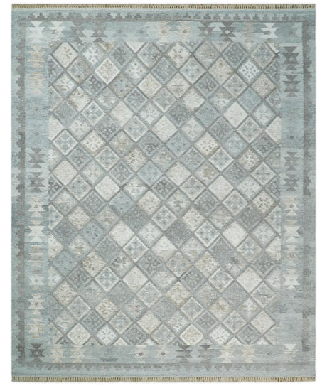 Silver and Beige Modern Geometrical Dhurrie Wool and Viscose Rug