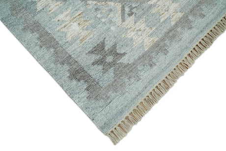 Silver and Beige Modern Geometrical Dhurrie Wool and Viscose Rug