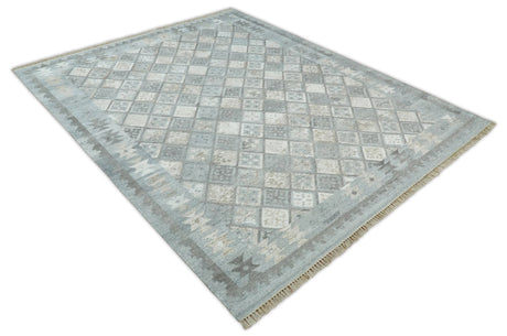Silver and Beige Modern Geometrical Dhurrie Wool and Viscose Rug