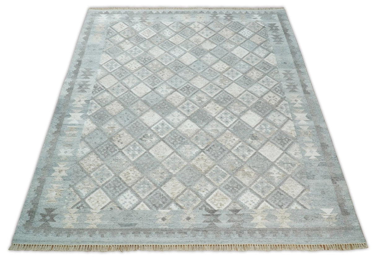 Silver and Beige Modern Geometrical Dhurrie Wool and Viscose Rug