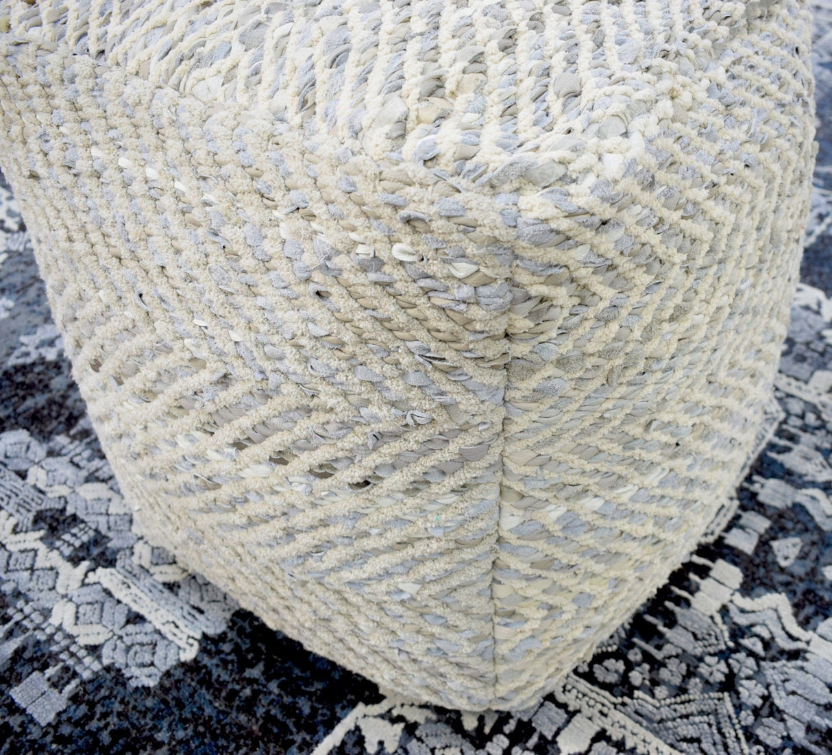 Silver and Beige Modern Leather and Chenille Pouf Ottoman, Chevron Design Pouf, Chair, Couch, Side Table, Foot Rest, Foot Stool, Side table | TRD104-Pouf-Parc Decor